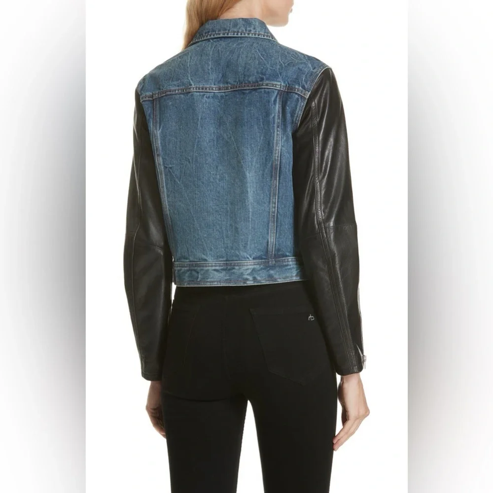 NWT $595 Rag Bone Nico Zip-front Denim Jacket With Leather Sleeves In Indigo